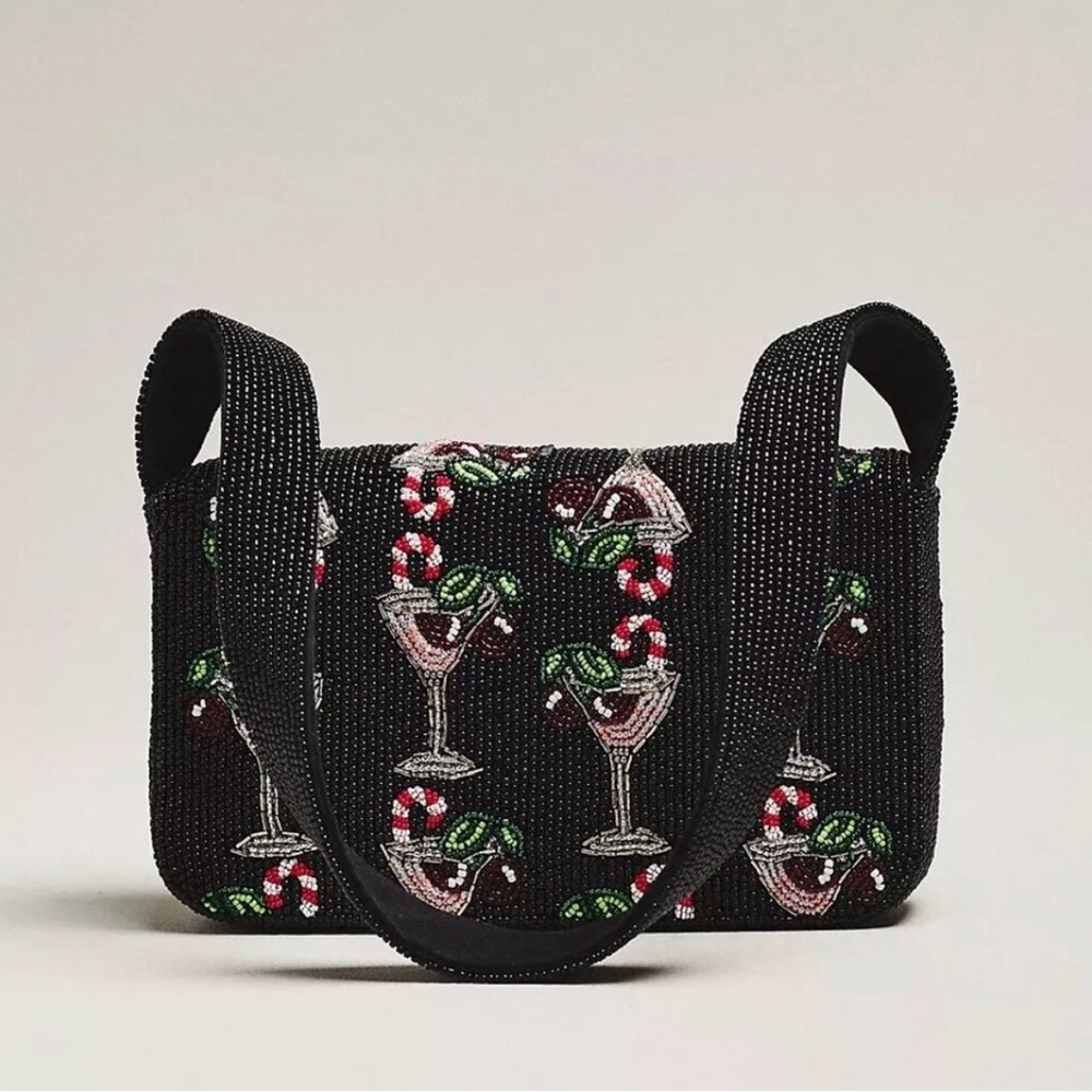Anthropologie Fiona food & drink edition: Black Cocktail Motif Shoulder Bag NWOT - Picture 3 of 10